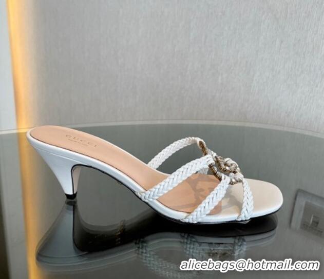 Pretty Style Gucci Isa Leather Heel Slide Sandals 4.5cm with Crystal Interlocking G White 607031