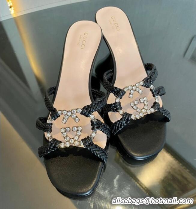 Best Grade Gucci Isa Leather Heel Slide Sandals 4.5cm with Crystal Interlocking G Black 607032