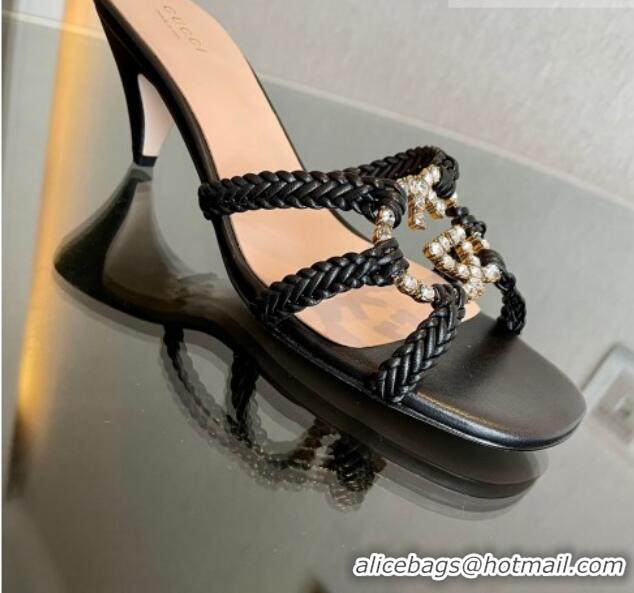 Best Grade Gucci Isa Leather Heel Slide Sandals 4.5cm with Crystal Interlocking G Black 607032