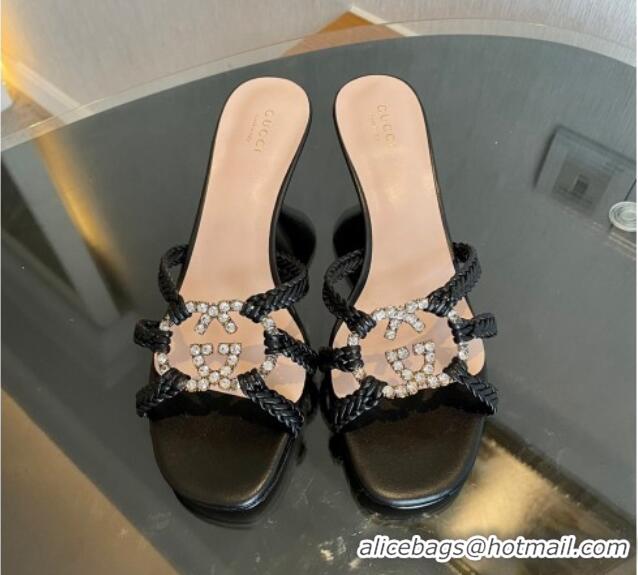 Best Grade Gucci Isa Leather Heel Slide Sandals 4.5cm with Crystal Interlocking G Black 607032