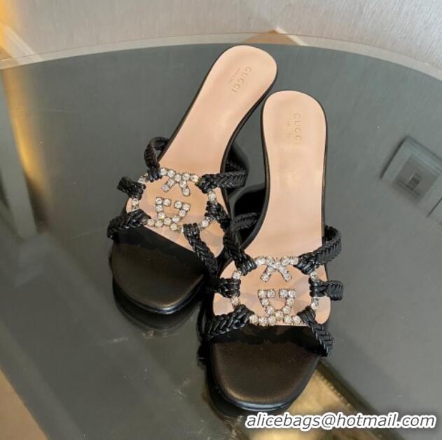 Best Grade Gucci Isa Leather Heel Slide Sandals 4.5cm with Crystal Interlocking G Black 607032