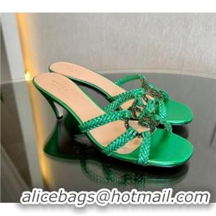 Perfect Gucci Isa Leather Heel Slide Sandals 4.5cm with Crystal Interlocking G Green 607033