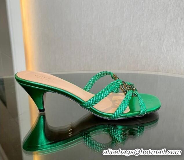 Perfect Gucci Isa Leather Heel Slide Sandals 4.5cm with Crystal Interlocking G Green 607033