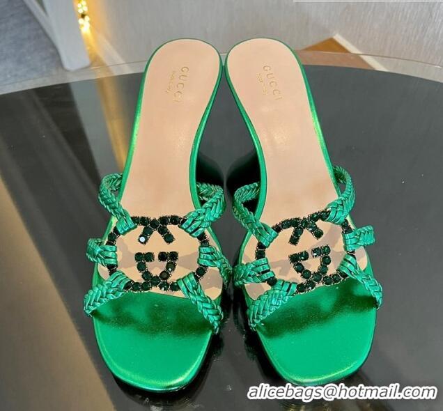 Perfect Gucci Isa Leather Heel Slide Sandals 4.5cm with Crystal Interlocking G Green 607033