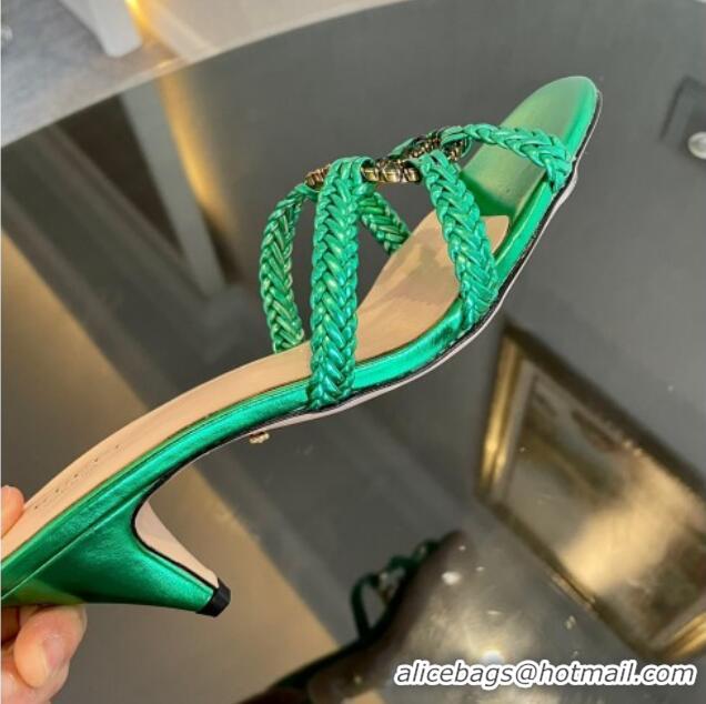 Perfect Gucci Isa Leather Heel Slide Sandals 4.5cm with Crystal Interlocking G Green 607033