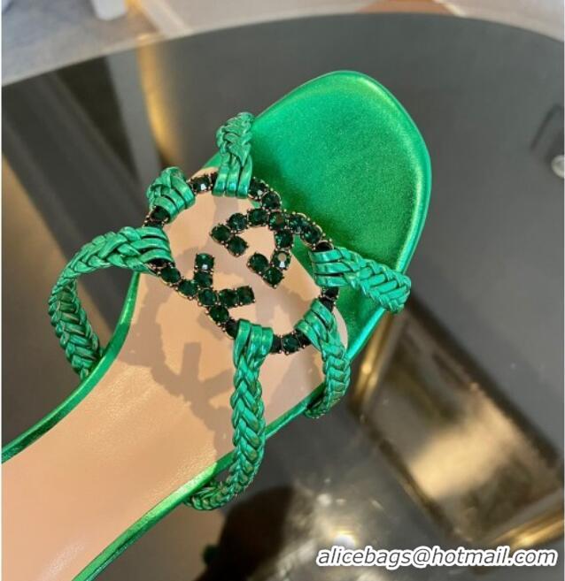 Perfect Gucci Isa Leather Heel Slide Sandals 4.5cm with Crystal Interlocking G Green 607033