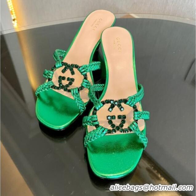 Perfect Gucci Isa Leather Heel Slide Sandals 4.5cm with Crystal Interlocking G Green 607033