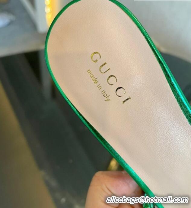 Perfect Gucci Isa Leather Heel Slide Sandals 4.5cm with Crystal Interlocking G Green 607033