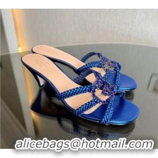 Sophisticated Gucci Isa Leather Heel Slide Sandals 4.5cm with Crystal Interlocking G Blue 607034