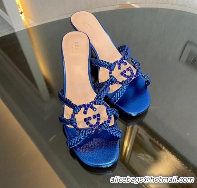 Sophisticated Gucci Isa Leather Heel Slide Sandals 4.5cm with Crystal Interlocking G Blue 607034