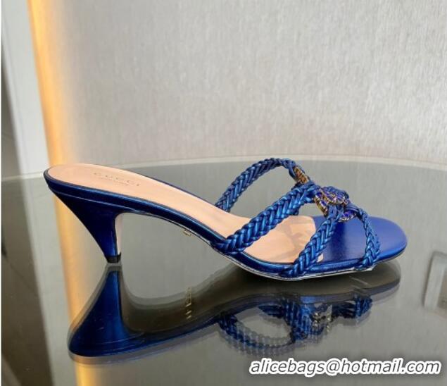 Sophisticated Gucci Isa Leather Heel Slide Sandals 4.5cm with Crystal Interlocking G Blue 607034