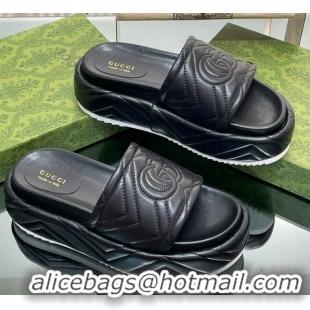 Good Looking Gucci Chevron Leather Platform Slide Sandals 5.5cm with GG Black 607035