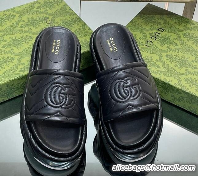 Good Looking Gucci Chevron Leather Platform Slide Sandals 5.5cm with GG Black 607035