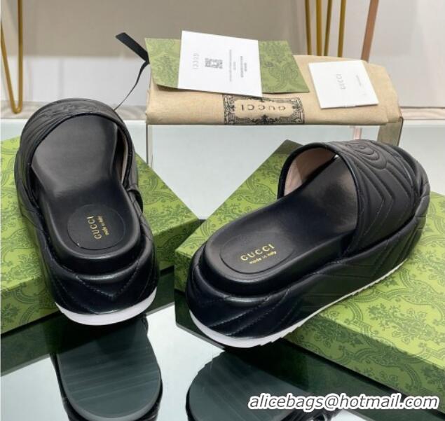 Good Looking Gucci Chevron Leather Platform Slide Sandals 5.5cm with GG Black 607035