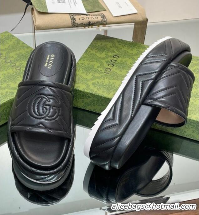 Good Looking Gucci Chevron Leather Platform Slide Sandals 5.5cm with GG Black 607035