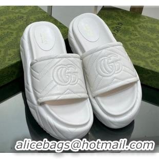 Top Grade Gucci Chevron Leather Platform Slide Sandals 5.5cm with GG White 607036