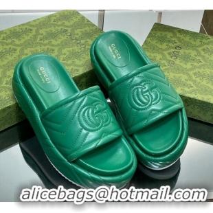 Luxury Gucci Chevron Leather Platform Slide Sandals 5.5cm with GG Green 607037