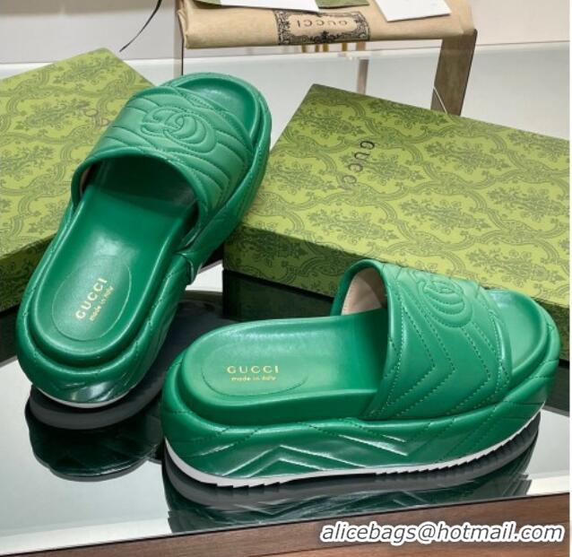 Luxury Gucci Chevron Leather Platform Slide Sandals 5.5cm with GG Green 607037