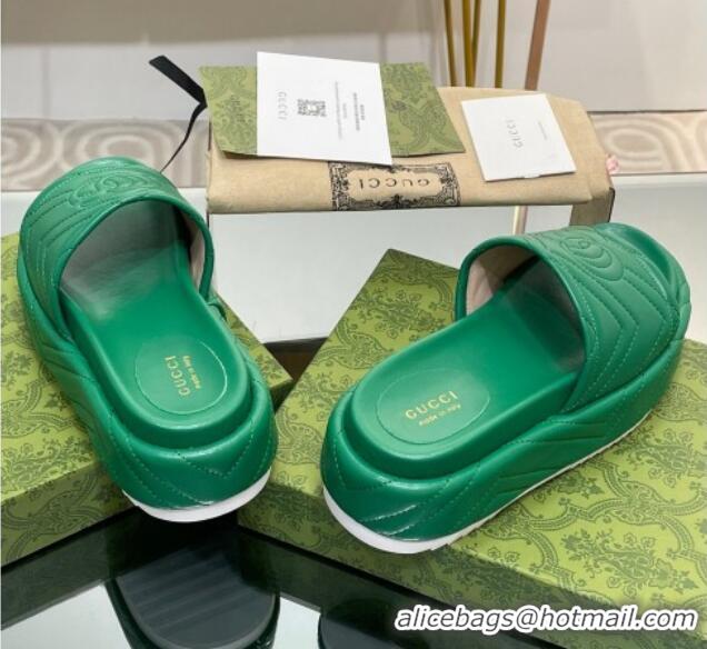 Luxury Gucci Chevron Leather Platform Slide Sandals 5.5cm with GG Green 607037