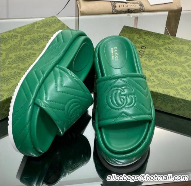 Luxury Gucci Chevron Leather Platform Slide Sandals 5.5cm with GG Green 607037