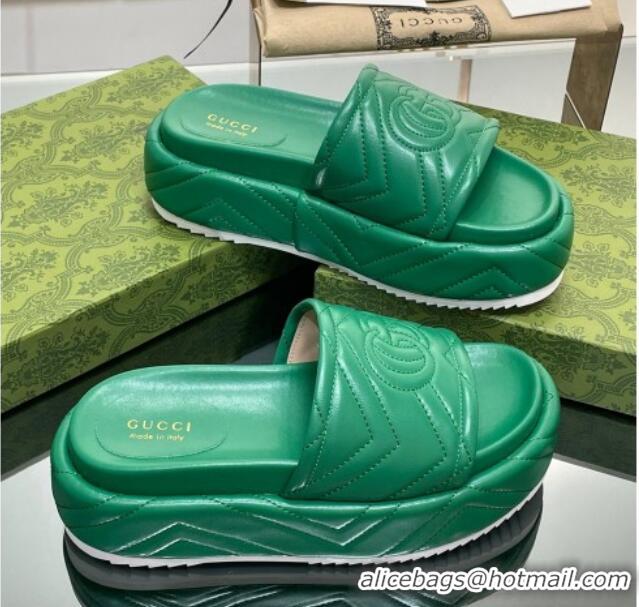 Luxury Gucci Chevron Leather Platform Slide Sandals 5.5cm with GG Green 607037