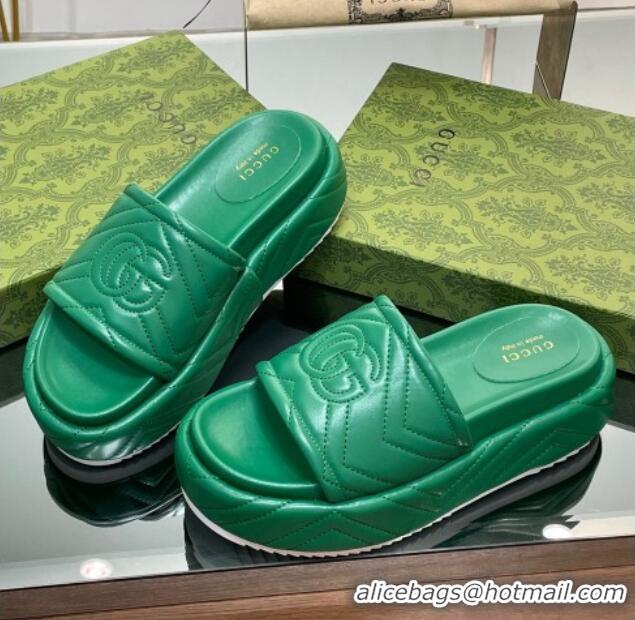 Luxury Gucci Chevron Leather Platform Slide Sandals 5.5cm with GG Green 607037