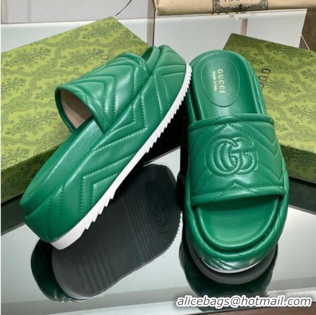 Luxury Gucci Chevron Leather Platform Slide Sandals 5.5cm with GG Green 607037