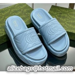 Best Price Gucci Chevron Leather Platform Slide Sandals 5.5cm with GG Light Blue 607038