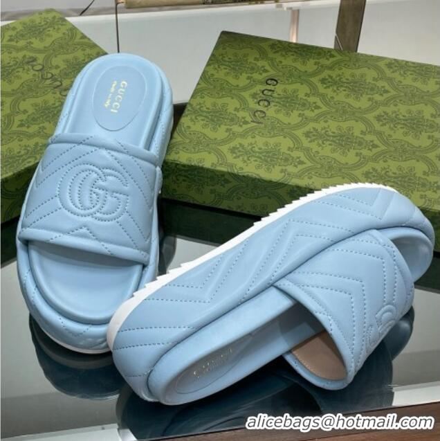 Best Price Gucci Chevron Leather Platform Slide Sandals 5.5cm with GG Light Blue 607038