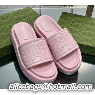 Popular Style Gucci Chevron Leather Platform Slide Sandals 5.5cm with GG Light Pink 607039