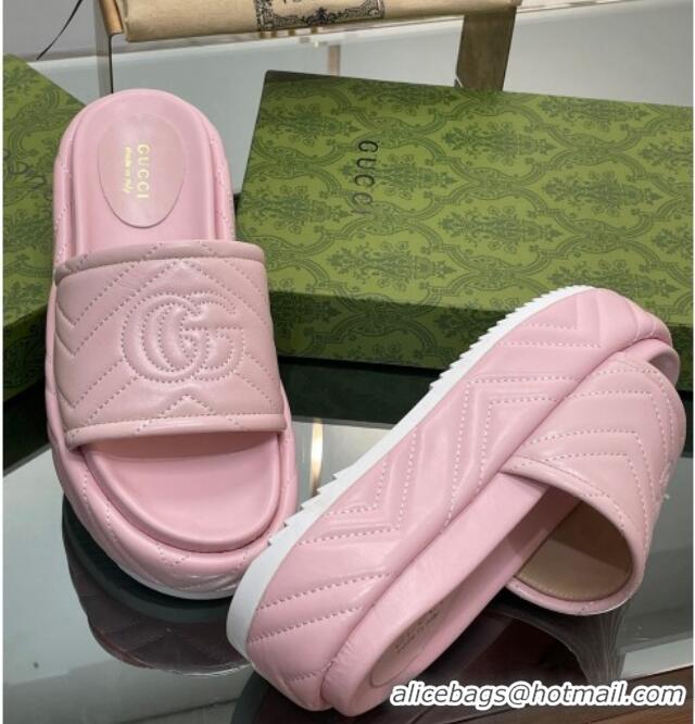 Popular Style Gucci Chevron Leather Platform Slide Sandals 5.5cm with GG Light Pink 607039