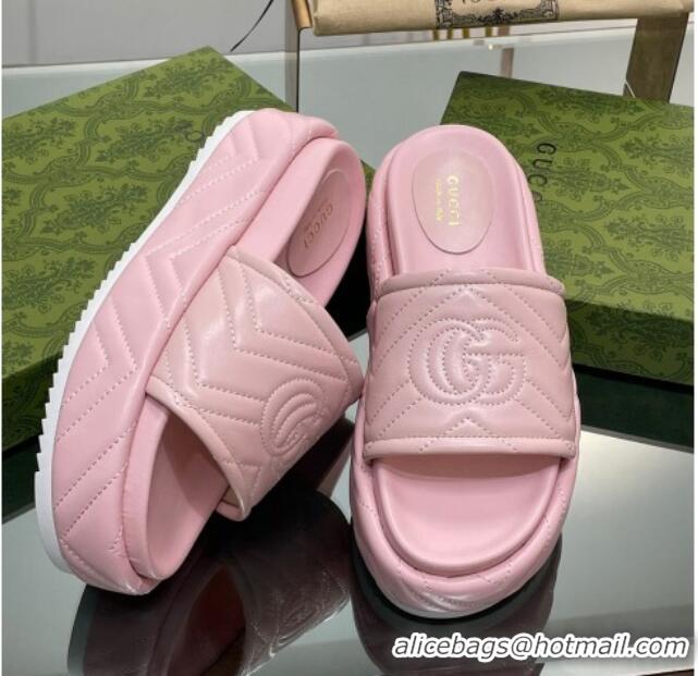 Popular Style Gucci Chevron Leather Platform Slide Sandals 5.5cm with GG Light Pink 607039