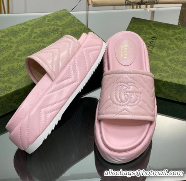 Popular Style Gucci Chevron Leather Platform Slide Sandals 5.5cm with GG Light Pink 607039