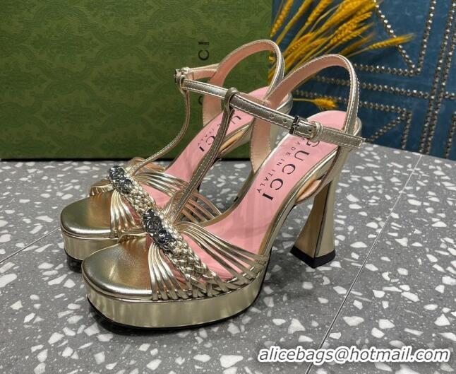 Luxury Gucci Lambskin Platform High Heel Sandals 11cm with GG Chain Gold 607041