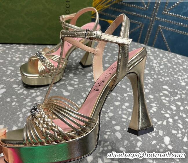 Luxury Gucci Lambskin Platform High Heel Sandals 11cm with GG Chain Gold 607041