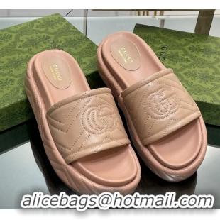 Unique Style Gucci Chevron Leather Platform Slide Sandals 5.5cm with GG Rose Beige 607040