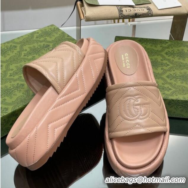 Unique Style Gucci Chevron Leather Platform Slide Sandals 5.5cm with GG Rose Beige 607040