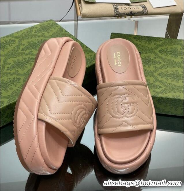 Unique Style Gucci Chevron Leather Platform Slide Sandals 5.5cm with GG Rose Beige 607040