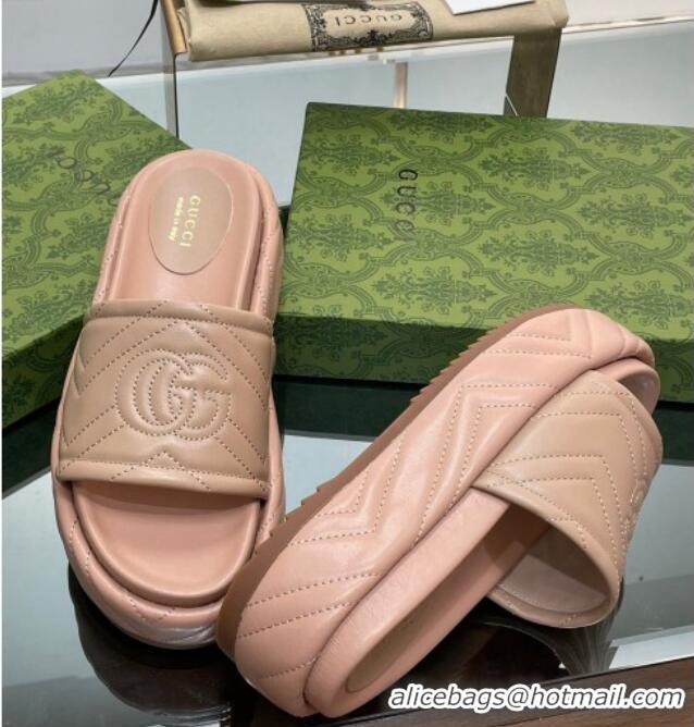 Unique Style Gucci Chevron Leather Platform Slide Sandals 5.5cm with GG Rose Beige 607040