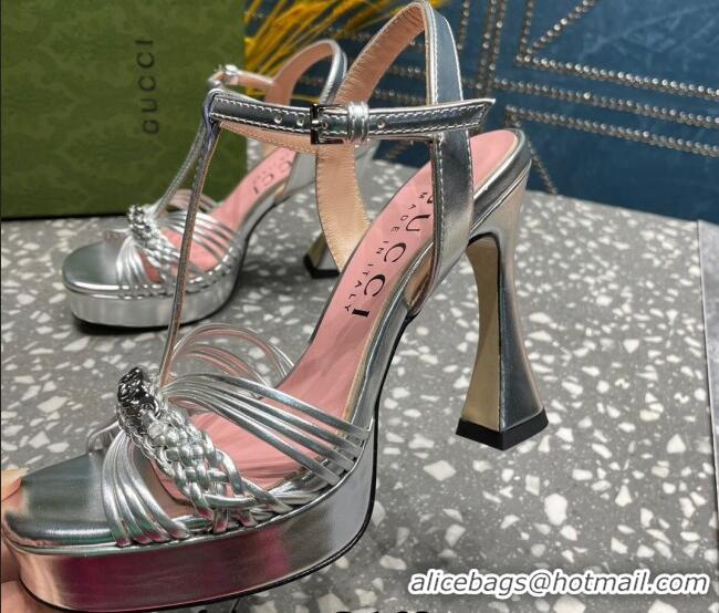 l/Good Product Gucci Lambskin Platform High Heel Sandals 11cm with GG Chain Silver 607042