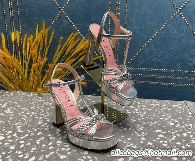 l/Good Product Gucci Lambskin Platform High Heel Sandals 11cm with GG Chain Silver 607042