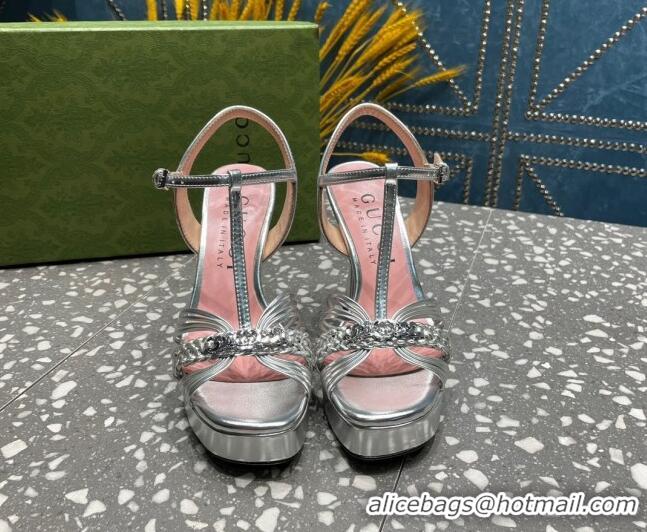 l/Good Product Gucci Lambskin Platform High Heel Sandals 11cm with GG Chain Silver 607042