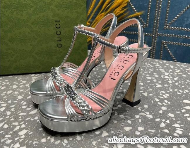 l/Good Product Gucci Lambskin Platform High Heel Sandals 11cm with GG Chain Silver 607042