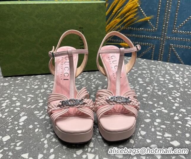 Purchase Gucci Lambskin Platform High Heel Sandals 11cm with GG Chain Light Pink 607043