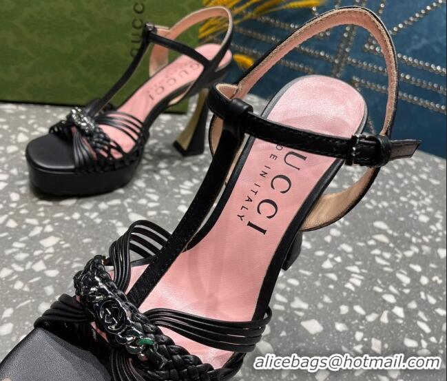 Cheap Price Gucci Lambskin Platform High Heel Sandals 11cm with GG Chain Black 607044