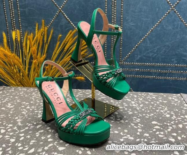 Shop Duplicate Gucci Lambskin Platform High Heel Sandals 11cm with GG Chain Green 607045