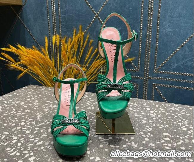 Shop Duplicate Gucci Lambskin Platform High Heel Sandals 11cm with GG Chain Green 607045