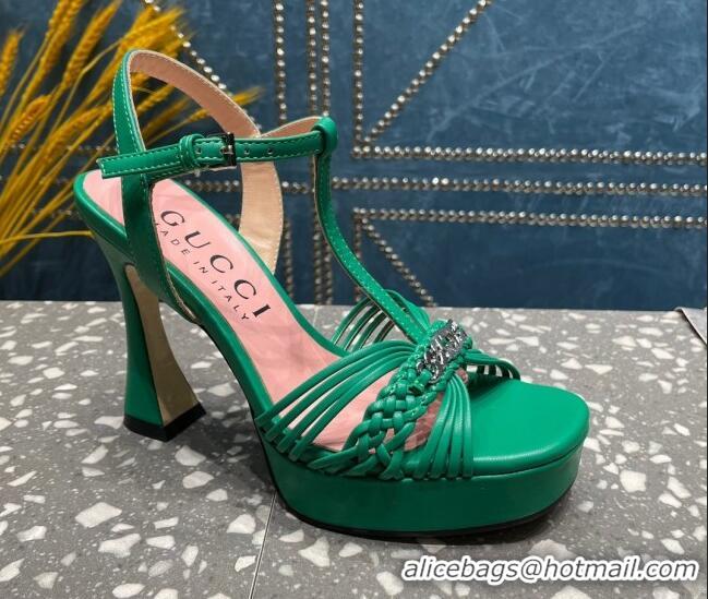 Shop Duplicate Gucci Lambskin Platform High Heel Sandals 11cm with GG Chain Green 607045