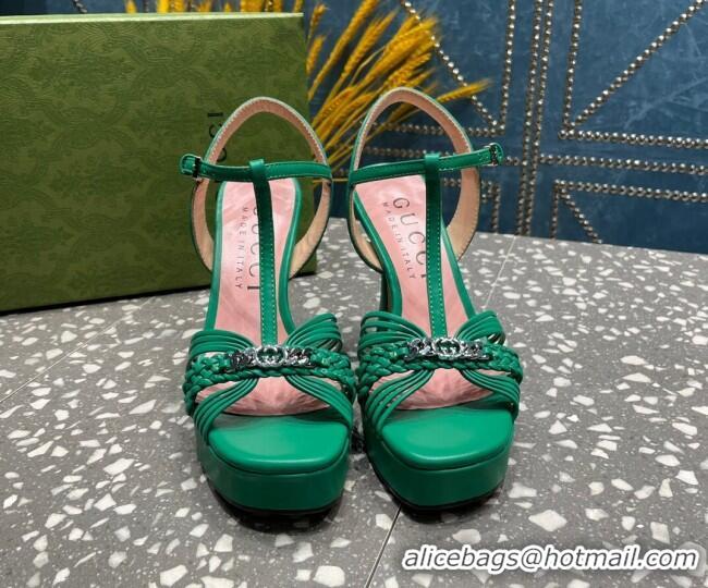 Shop Duplicate Gucci Lambskin Platform High Heel Sandals 11cm with GG Chain Green 607045