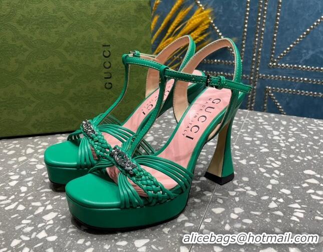 Shop Duplicate Gucci Lambskin Platform High Heel Sandals 11cm with GG Chain Green 607045